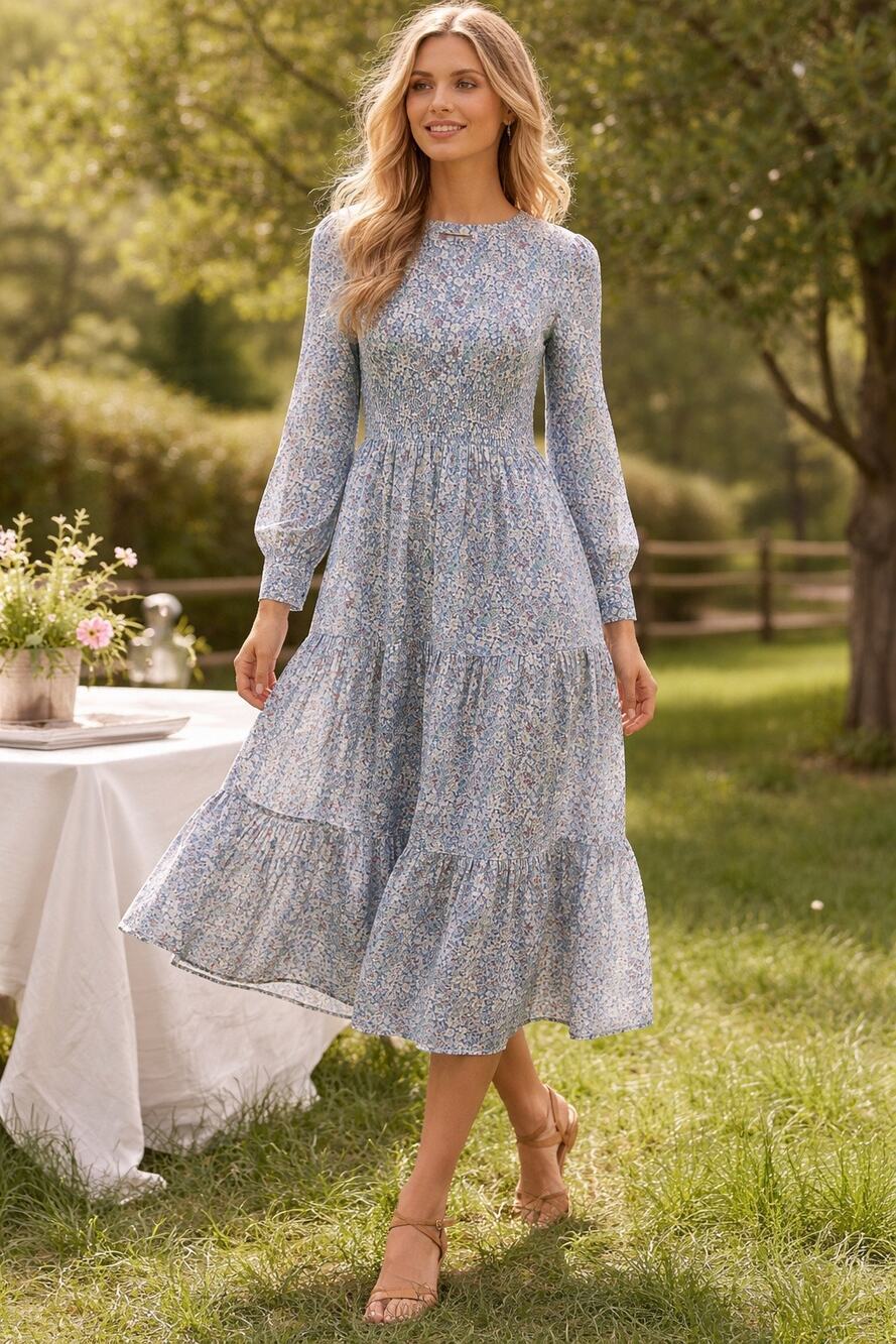 J. Crew Liberty London Blue Floral Midi Dress 6P Cottagecore Prairie Tiered